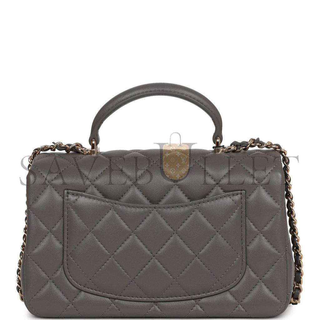 Ch*el mini rectangular flap bag with top handle dark grey lambskin light gold hardware (22*15*8cm)