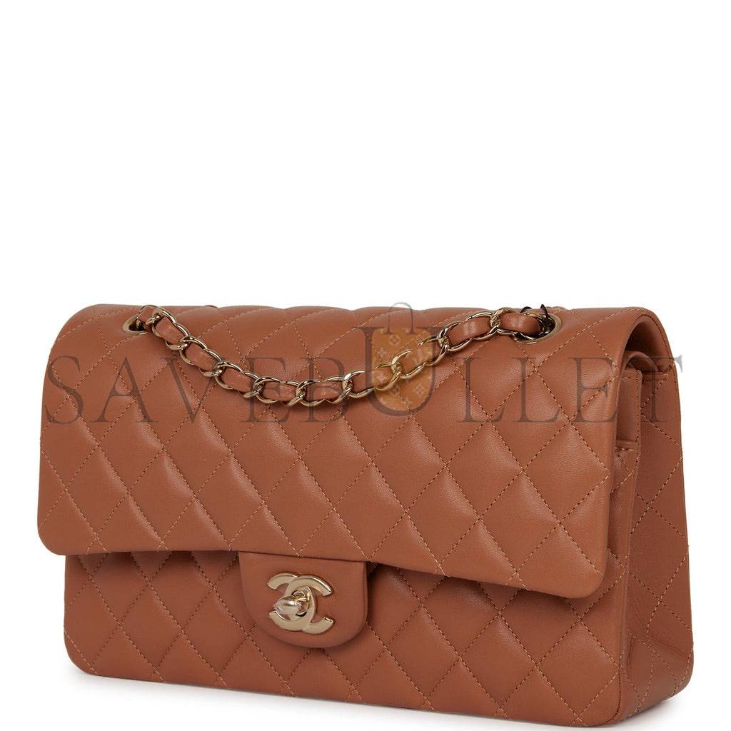 Ch*el medium classic double flap bag caramel lambskin light gold hardware (25*15*7cm)