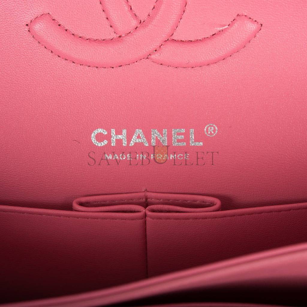 Ch*el medium classic double flap bag rose quilted lambskin silver hardware (25*15*7cm)