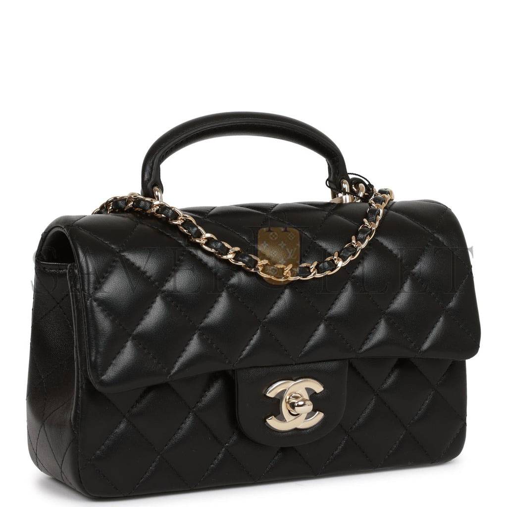 Ch*el mini rectangular flap bag with top handle black lambskin light gold hardware (22*15*8cm)