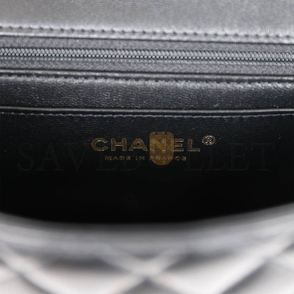 Ch*el mini rectangular flap bag with top handle black lambskin light gold hardware (22*15*8cm)