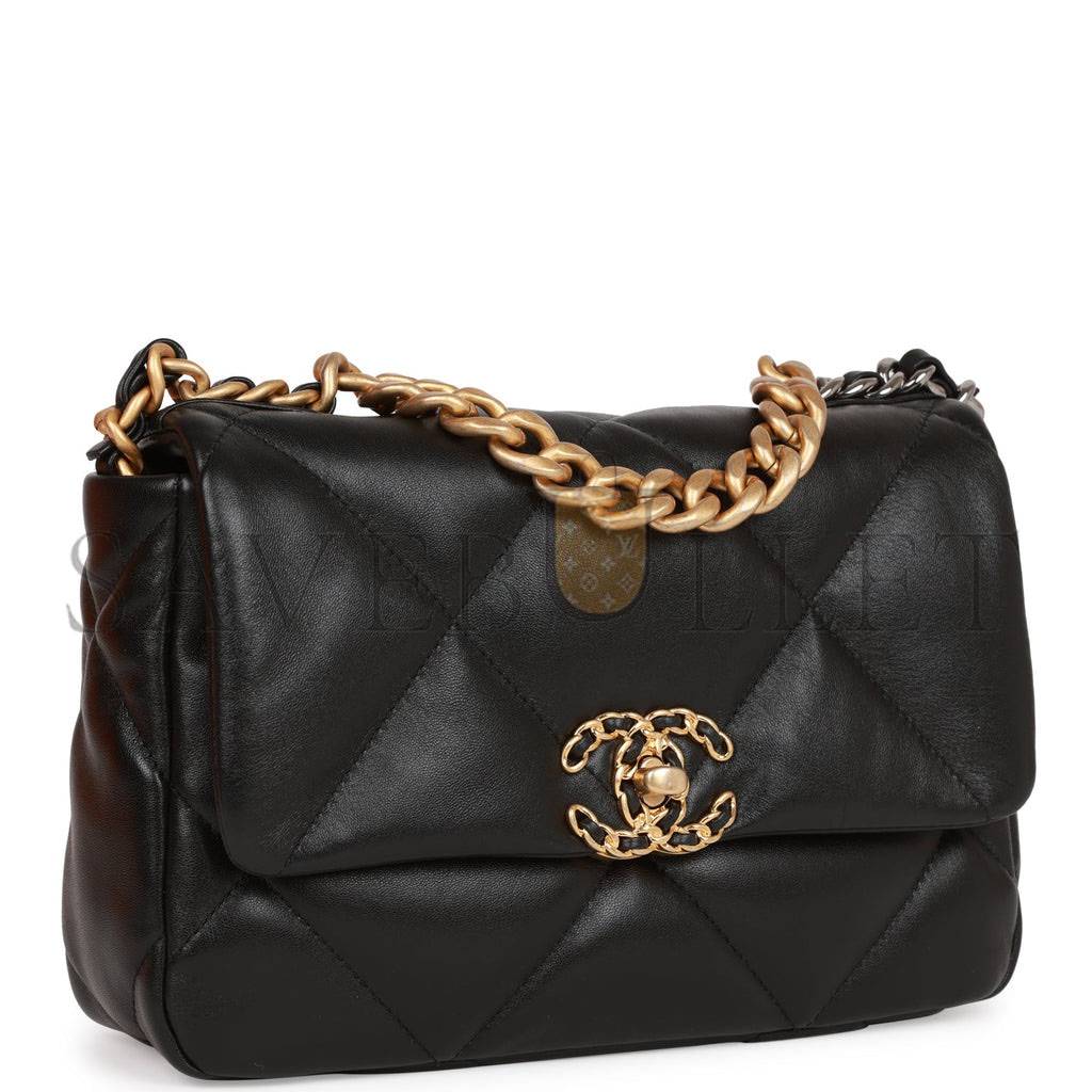 Ch*el medium 19 flap bag black lambskin mixed hardware (25*16*9cm)