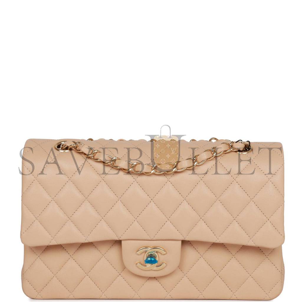Ch*el medium classic double flap bag beige lambskin light gold hardware (25*15*7cm)