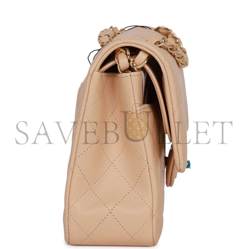 Ch*el medium classic double flap bag beige lambskin light gold hardware (25*15*7cm)