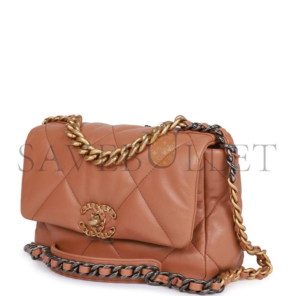 Ch*el medium 19 flap bag caramel calfskin mixed hardware (25*16*9cm)