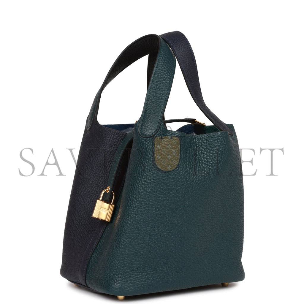 H**mes picotin lock 18 casaque vert cypress, bleu nuit and black clemence gold hardware(18*13*18cm)