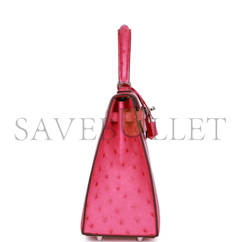 H**mes special order (hss) kelly sellier 25 rose tyrien verso ostrich palladium hardware handmade (25*17*7cm)