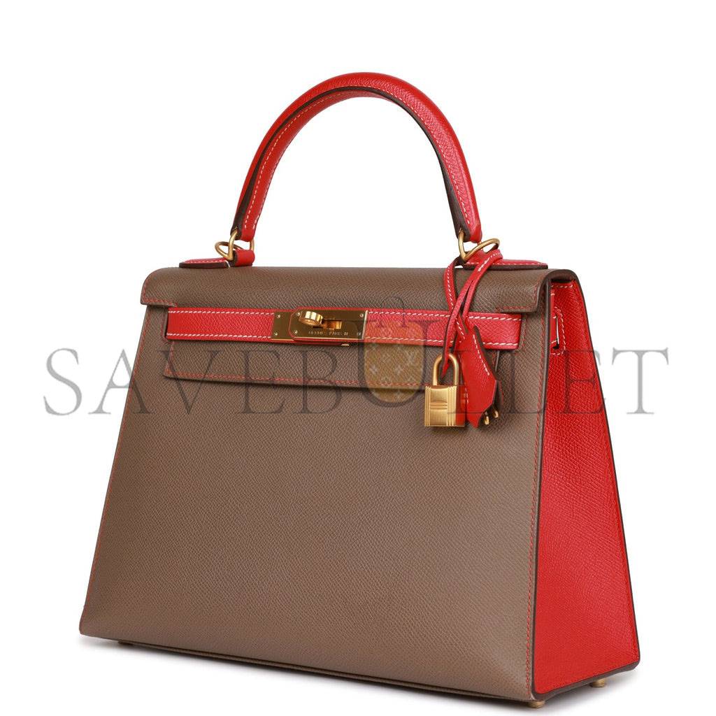 h**mes special order (hss) kelly sellier 28 etoupe and rouge T0mate epsom brushed gold hardware (28*22*10cm)