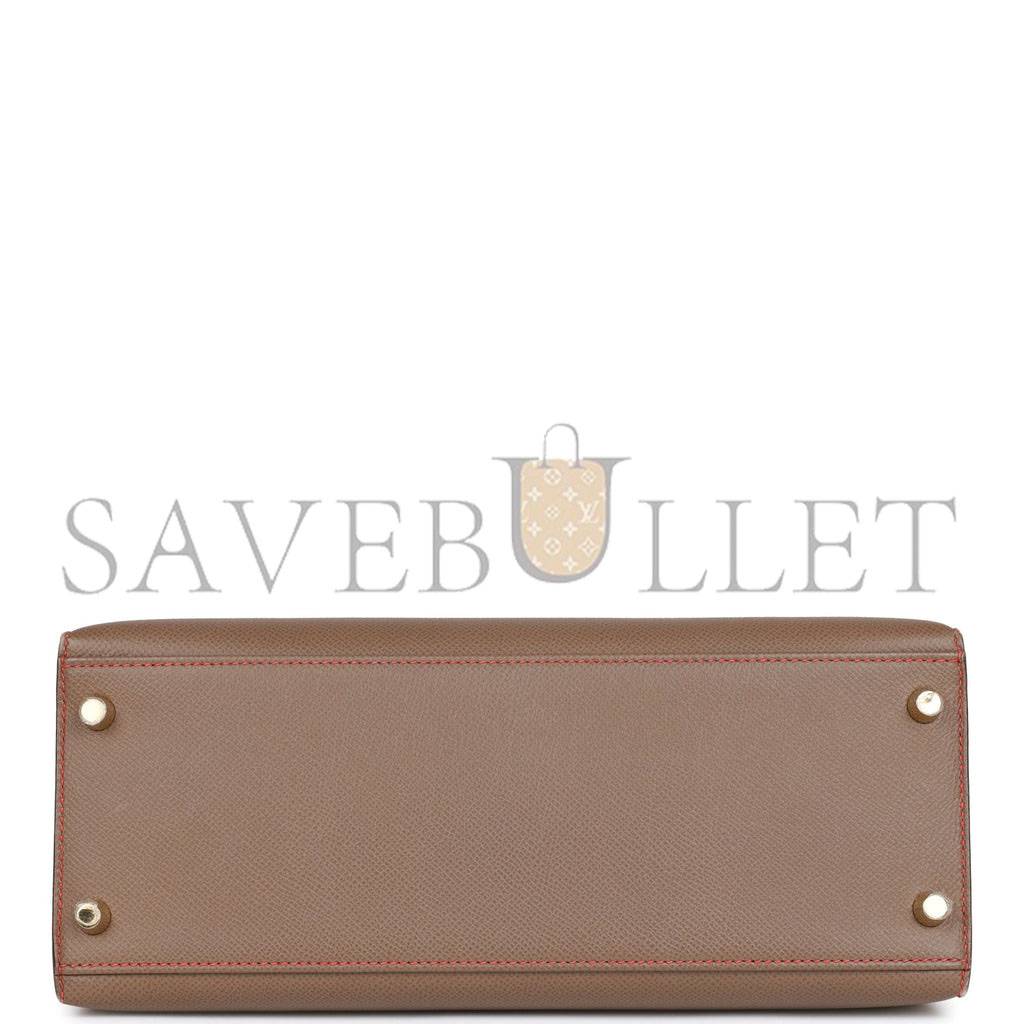 h**mes special order (hss) kelly sellier 28 etoupe and rouge T0mate epsom brushed gold hardware (28*22*10cm)