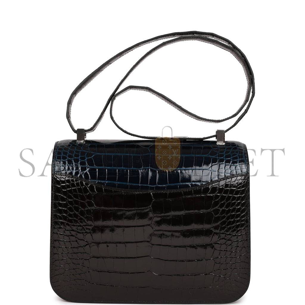 H**mes constance 24 tri-color black, bleu baltique and vert rousseau shiny alligator palladium hardware (24cm)