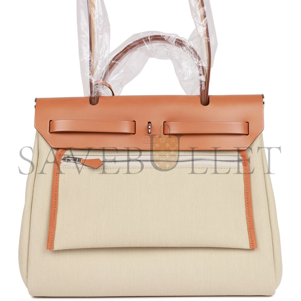 H**mes herbag zip pm 31 beton toile h berline vache naturel hunter palladium hardware(30*27*11cm)