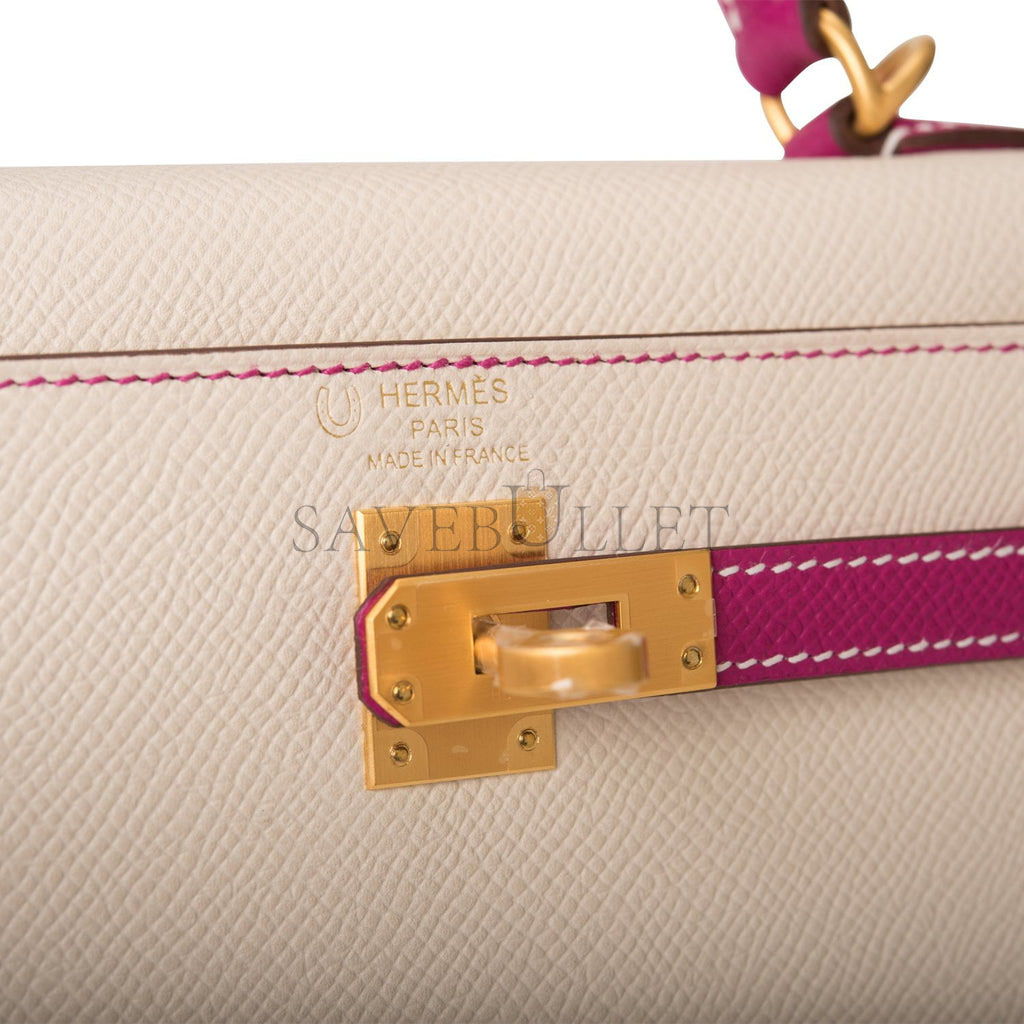 H**mes special order (hss) kelly sellier 25 rose pourpre and craie epsom brushed gold hardware handmade(25*17*7cm)