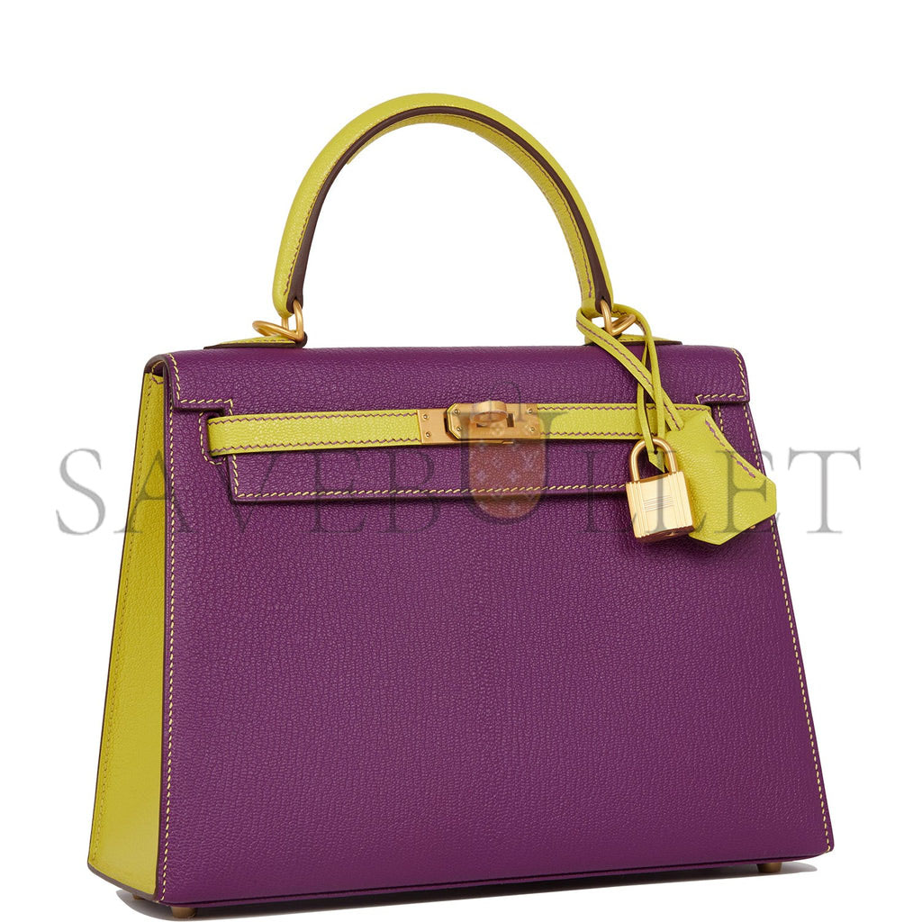 H**mes special order (hss) kelly sellier 25 anemone and lime chevre brushed gold hardware handmade (25*17*7)
