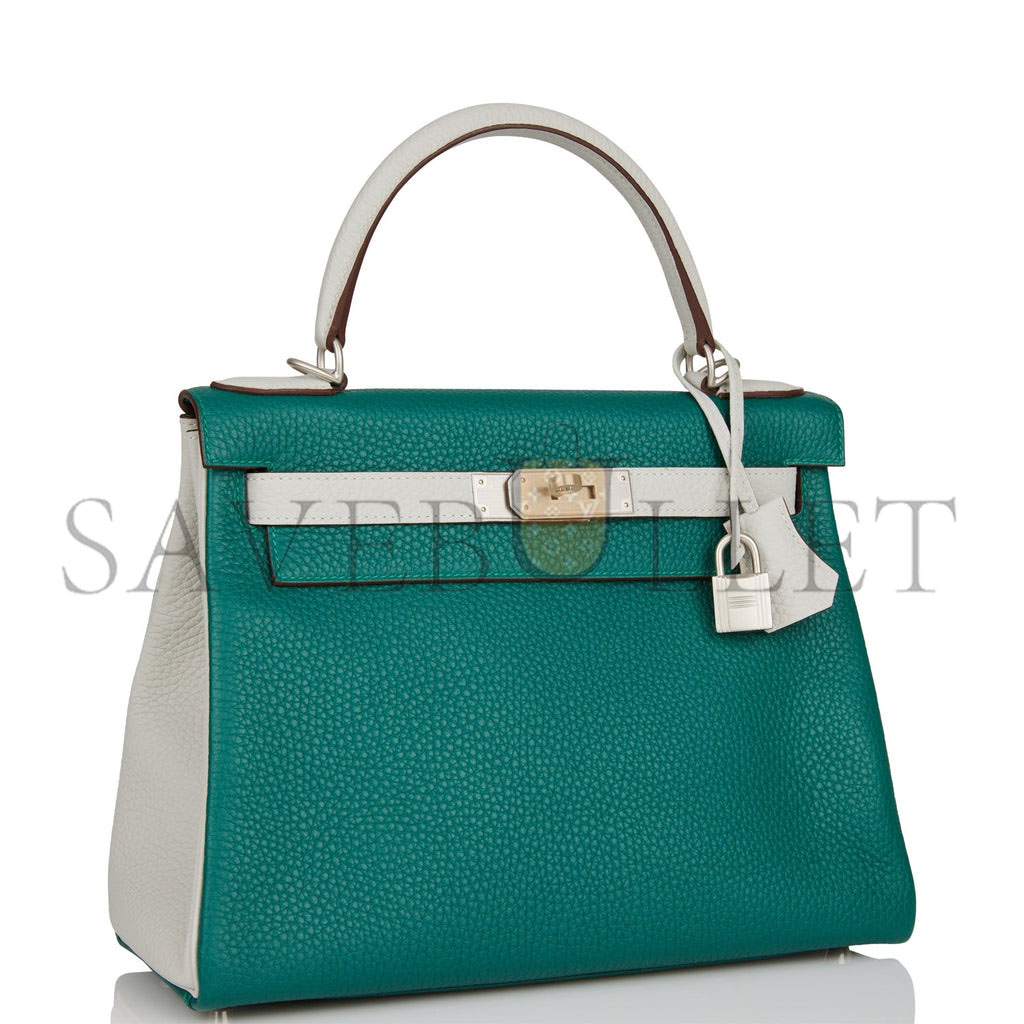 H**mes special order (hss) kelly retourne 28 malachite and gris perle clemence brushed palladium hardware (28*22*10cm)