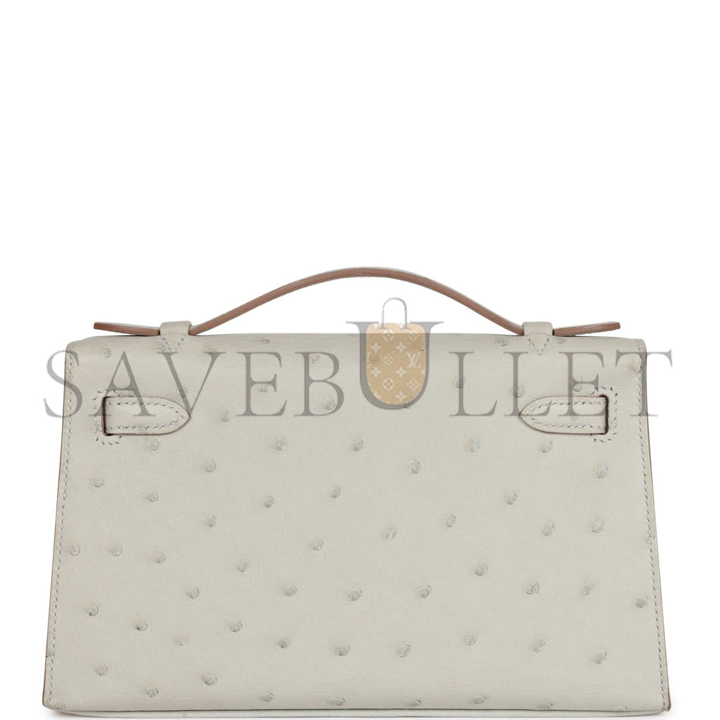 H**mes mini kelly pochette gris perle ostrich palladium hardware (22*14*7cm)