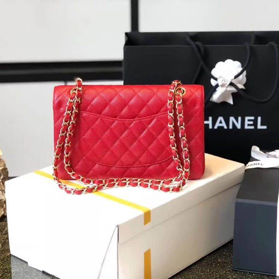 Ch*el classic flap small red caviar leather gold hardware (23*14.5*6cm)