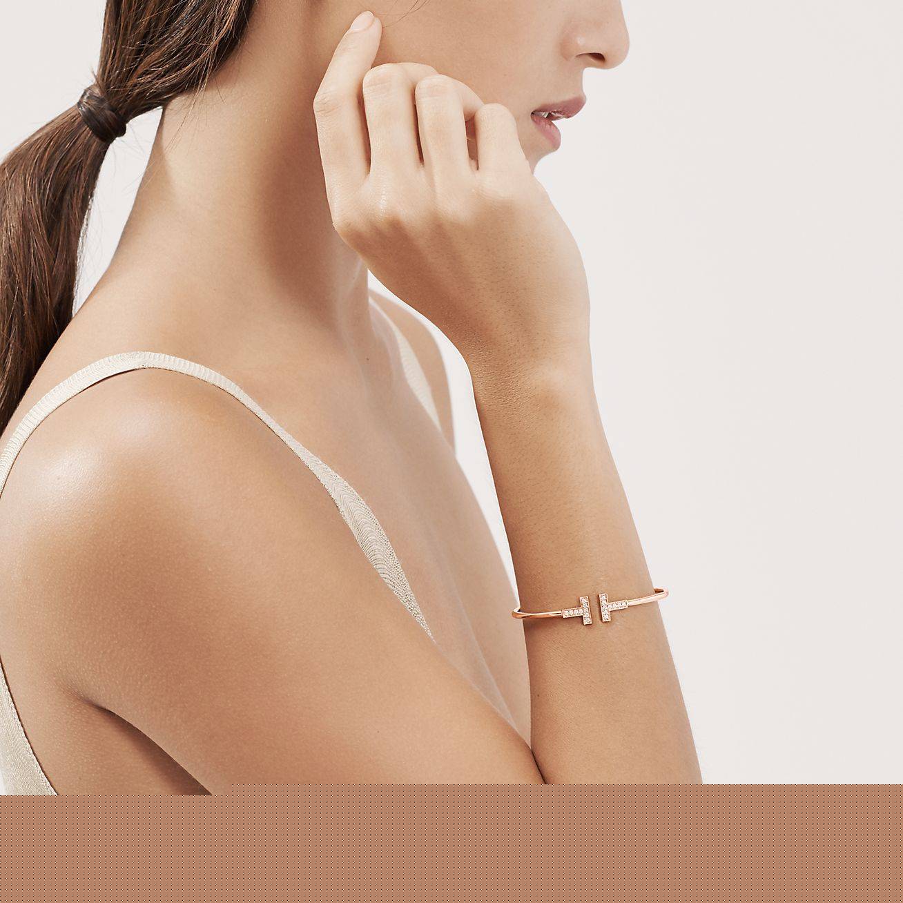 T*f*ny t wire bracelet in rose gold with diamonds