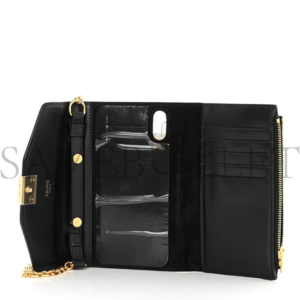 Ce**e shiny smooth calfskin c phone holder wallet on chain bag black (15*10*3cm)