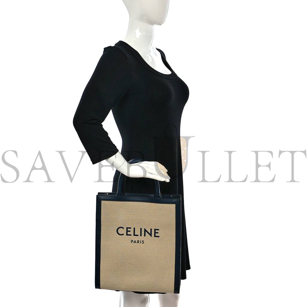 Ce**e canvas calfskin logo print small vertical cabas natural navy (32*28*8cm)